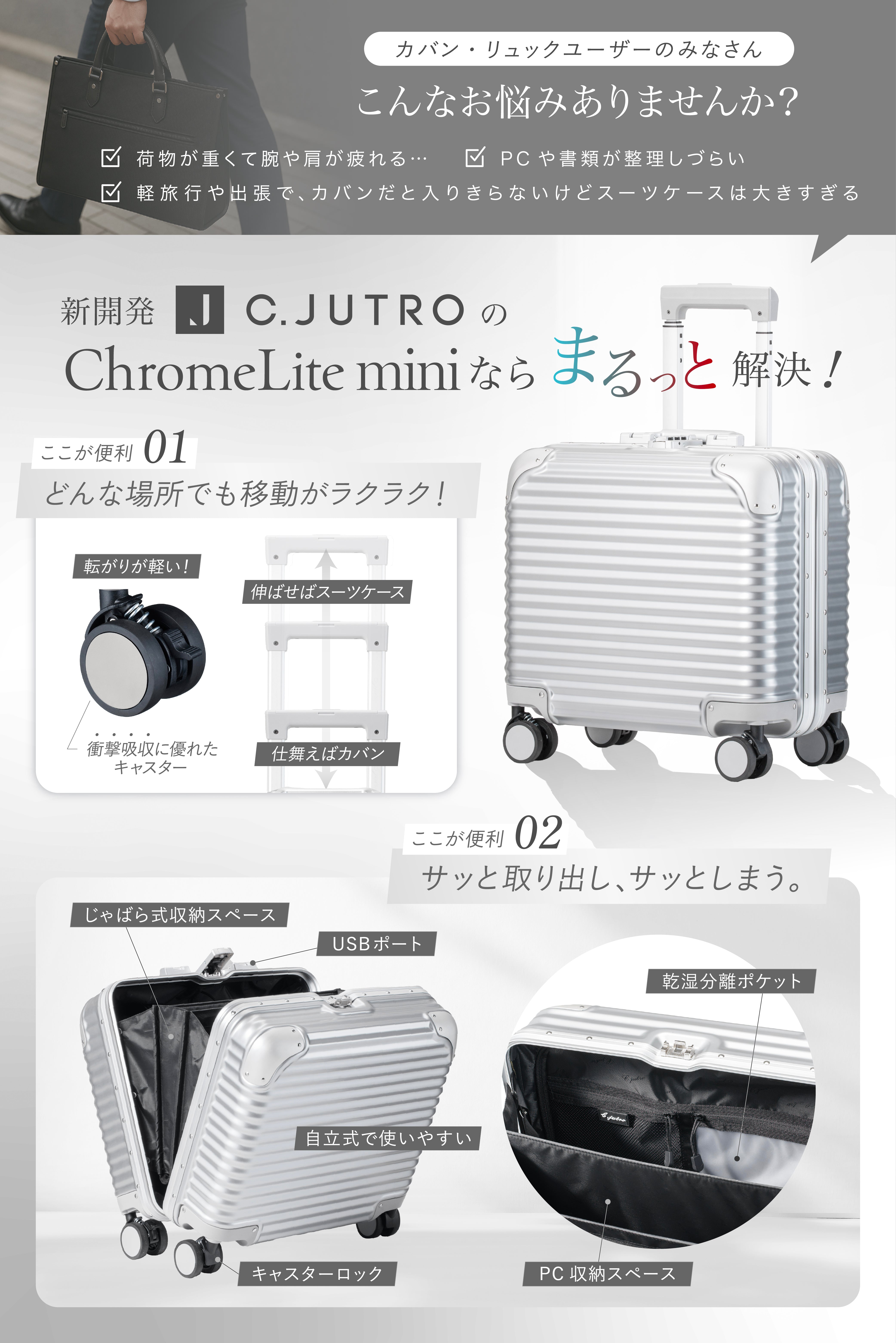 【miniサイズ】【新技術ダブル搭載_ChromeLite×UltraCush】2025年新型モデルChromeLite mini スーツケース キャリーケース 機内持ち込み キャリーバッグ