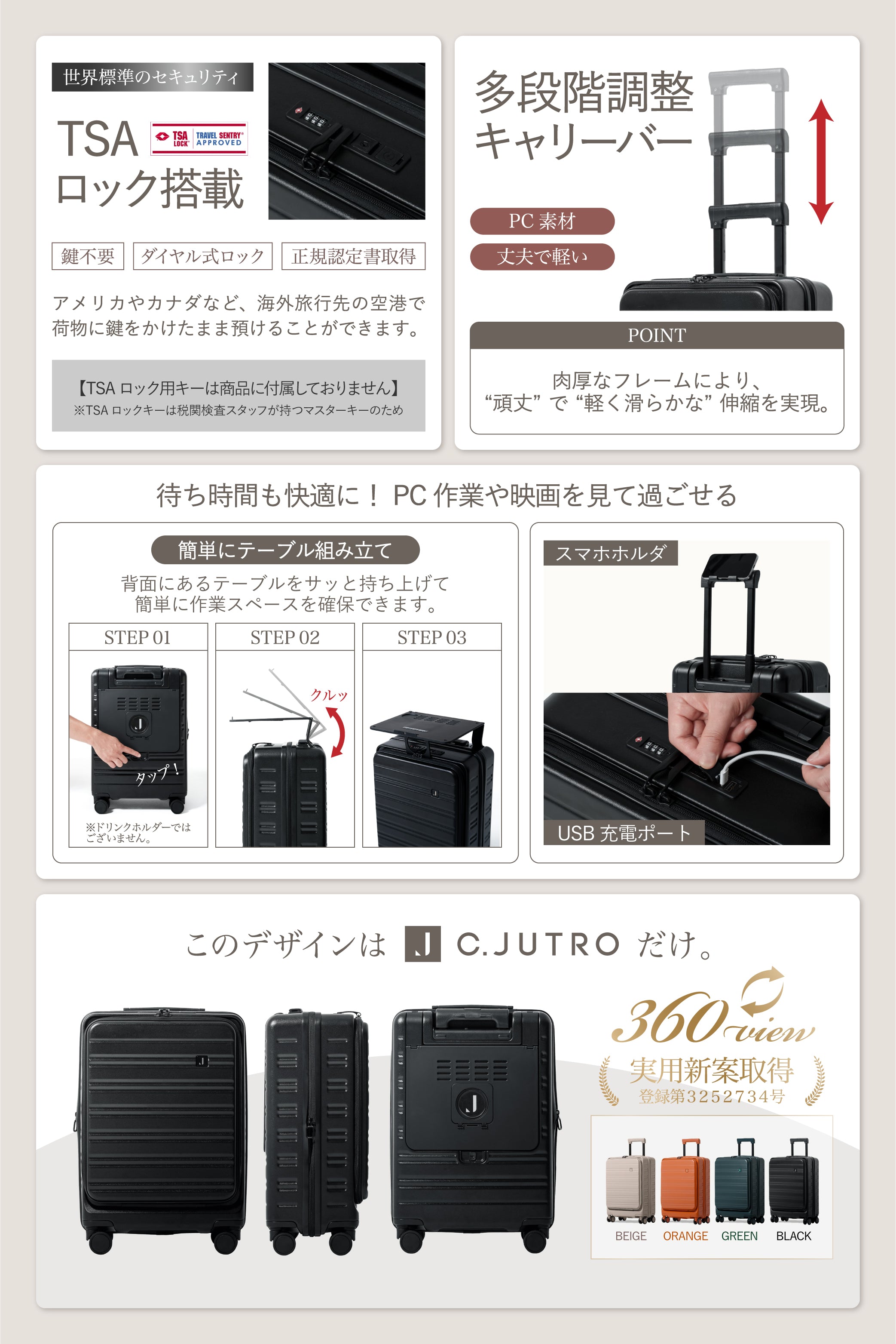 【机になるスーツケース】STAGE スーツケース キャリーケース 機内持ち込み キャリーバッグ フロントオープン テーブル式 拡張 盗難防止 38L