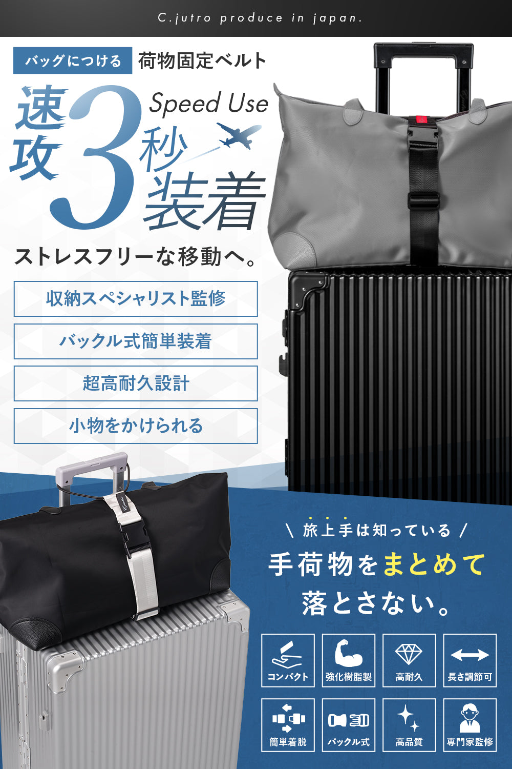 【整理収納アドバイザー監修】 荷物固定ベルト 旅行便利グッズ キャリーケース バンド ベルト 旅行用品 バッグとめるベルト 荷物 固定ベルト