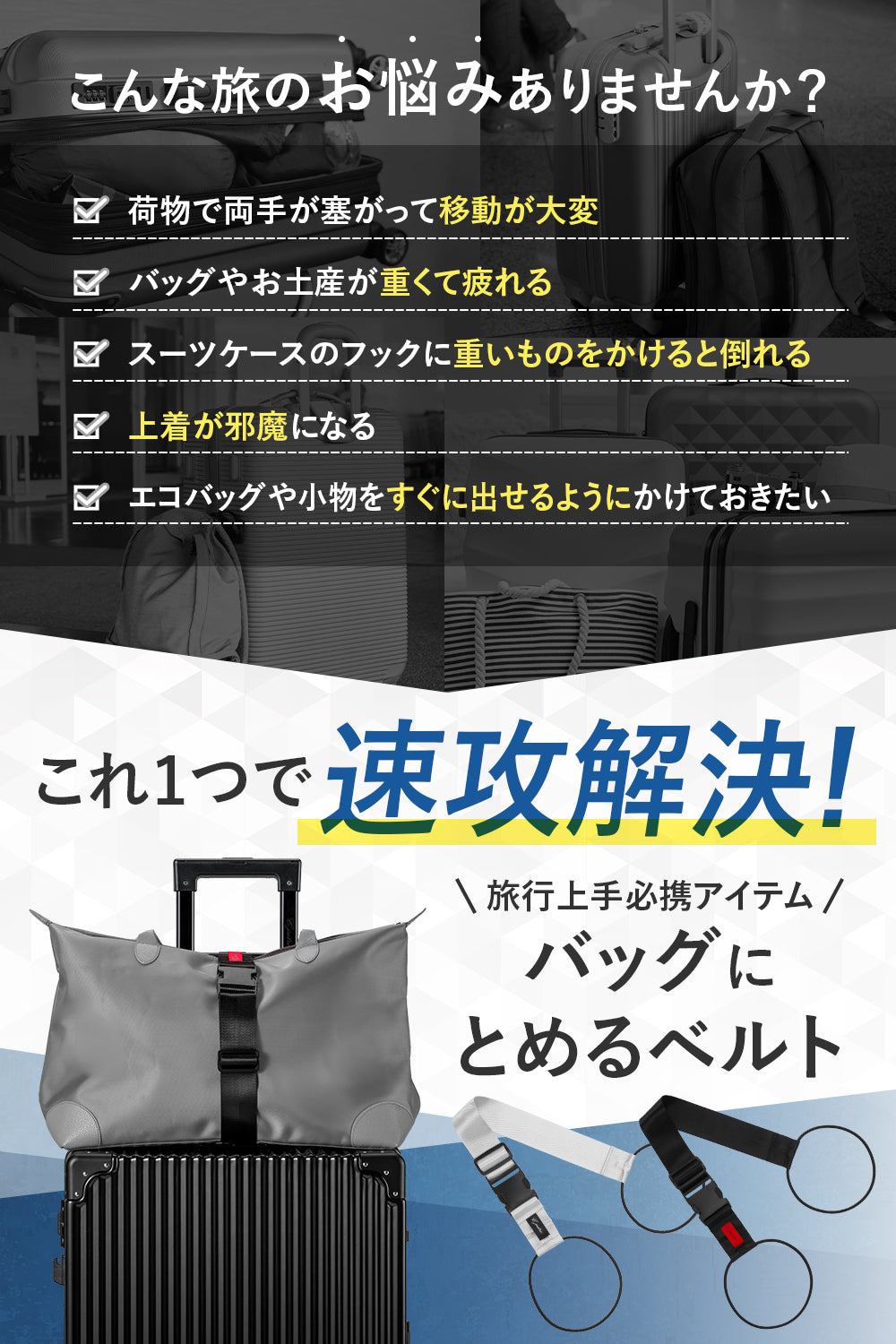 【整理収納アドバイザー監修】 荷物固定ベルト 旅行便利グッズ キャリーケース バンド ベルト 旅行用品 バッグとめるベルト 荷物 固定ベルト