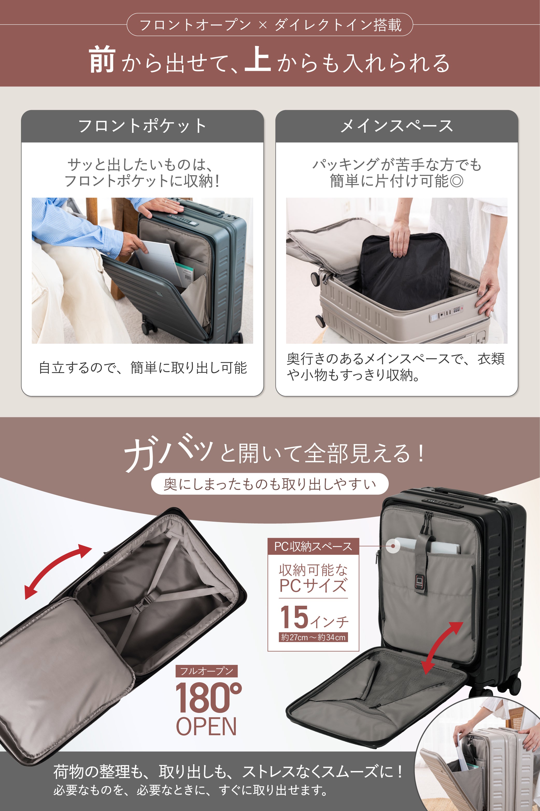 【机になるスーツケース】STAGE スーツケース キャリーケース 機内持ち込み キャリーバッグ フロントオープン テーブル式 拡張 盗難防止 38L